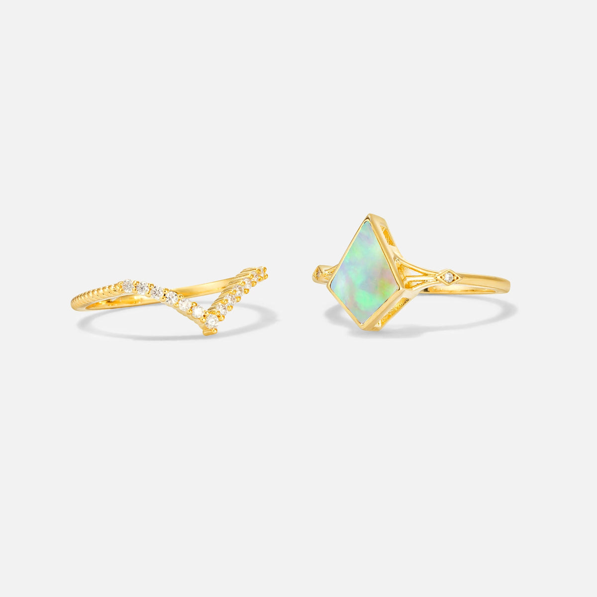 Kite Cut Fire Opal Chevron Bridal Ring Set - White-Gold