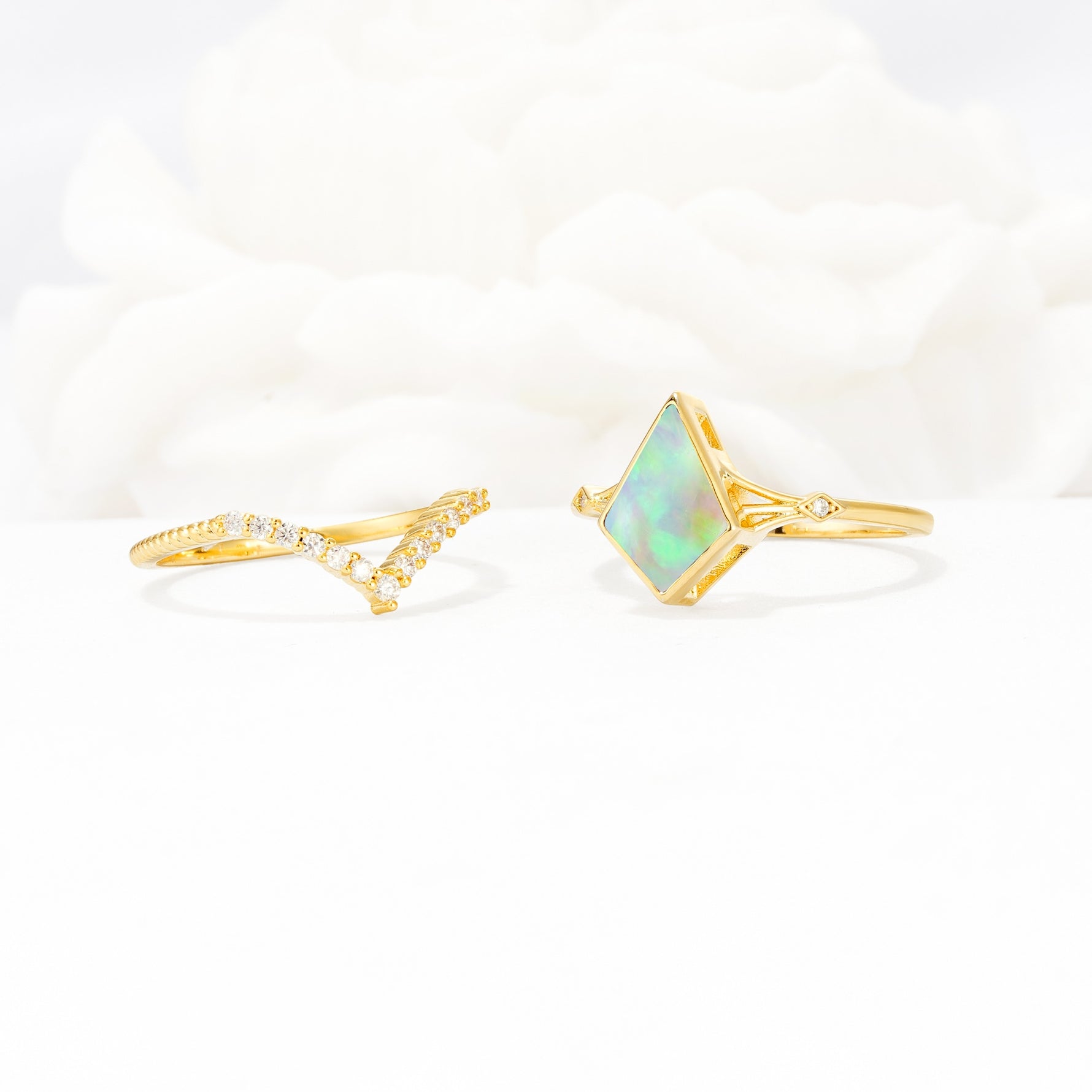 Kite Cut Fire Opal Chevron Bridal Ring Set - White-Gold