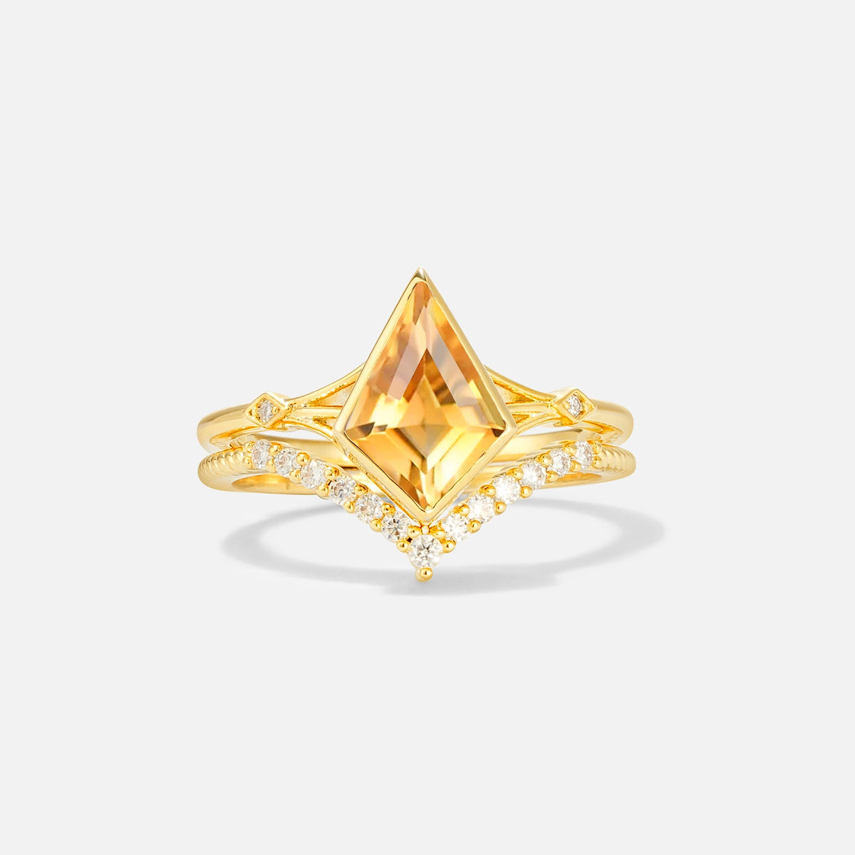 Kite Cut Citrine Chevron Bridal Ring Set - Yellow-Gold
