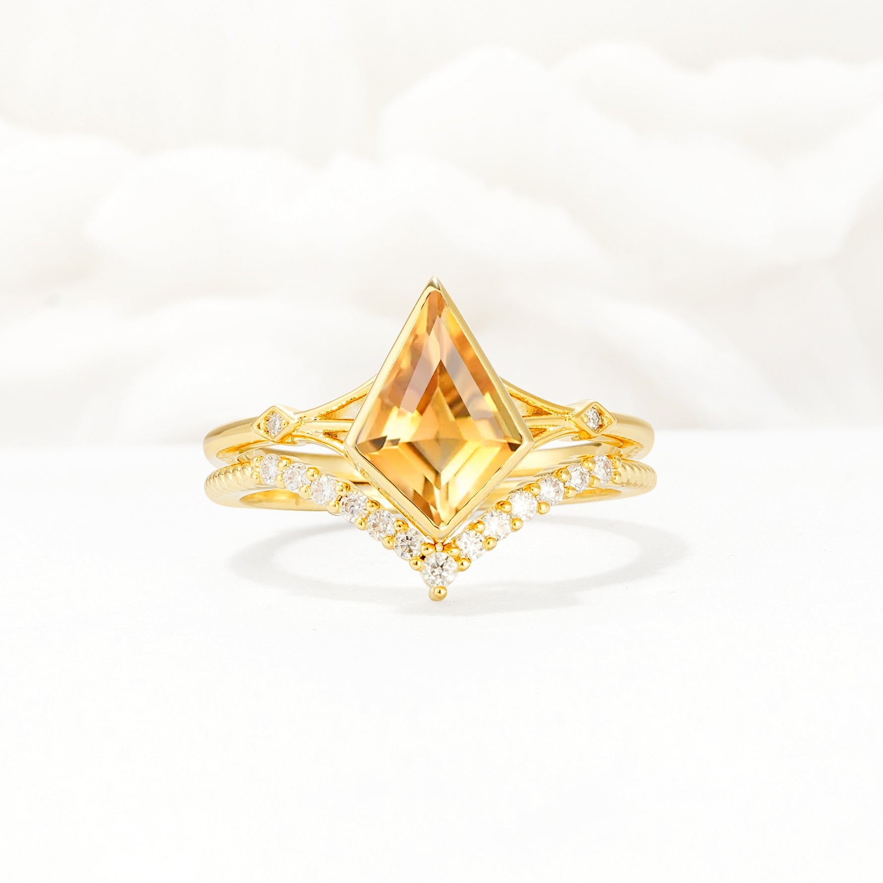 Kite Cut Citrine Chevron Bridal Ring Set - Yellow-Gold