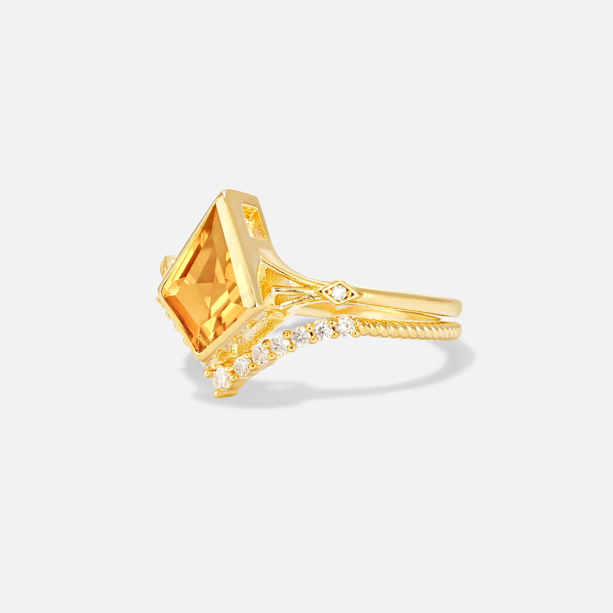 Kite Cut Citrine Chevron Bridal Ring Set - Rose-Gold
