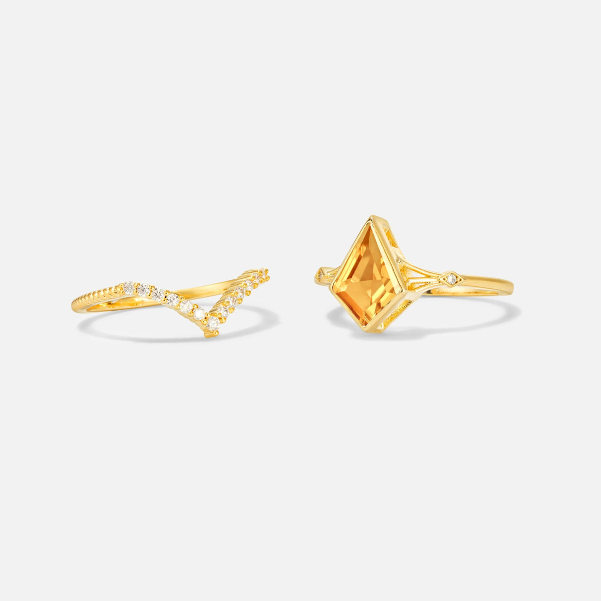 Kite Cut Citrine Chevron Bridal Ring Set - White-Gold