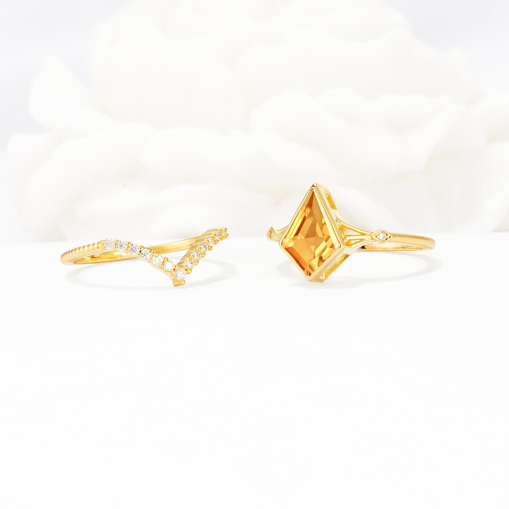 Kite Cut Citrine Chevron Bridal Ring Set - White-Gold