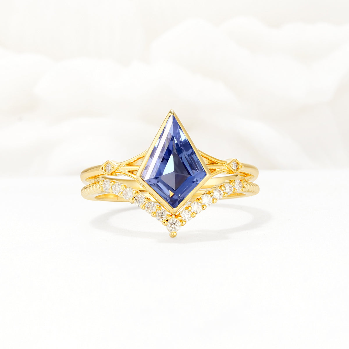 Kite Cut Tanzanite Chevron Bridal Ring Set - Yellow-Gold