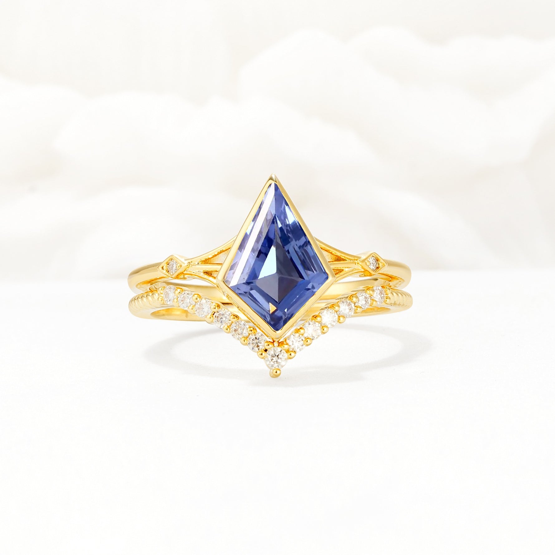 Kite Cut Tanzanite Chevron Bridal Ring Set - Yellow-Gold