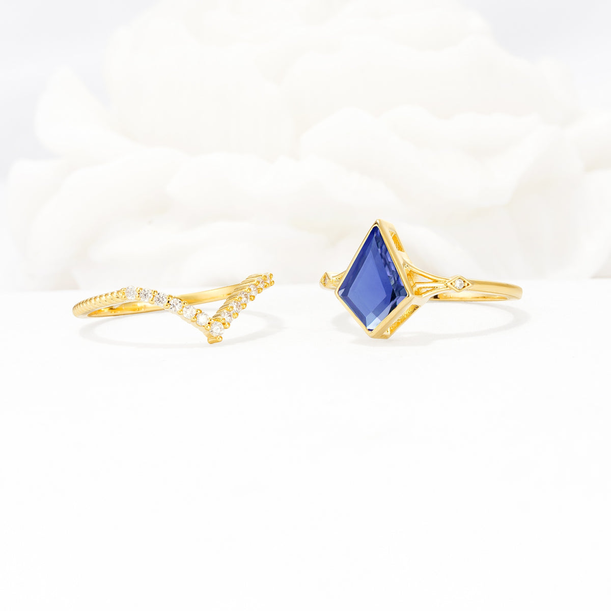 Kite Cut Tanzanite Chevron Bridal Ring Set - White-Gold