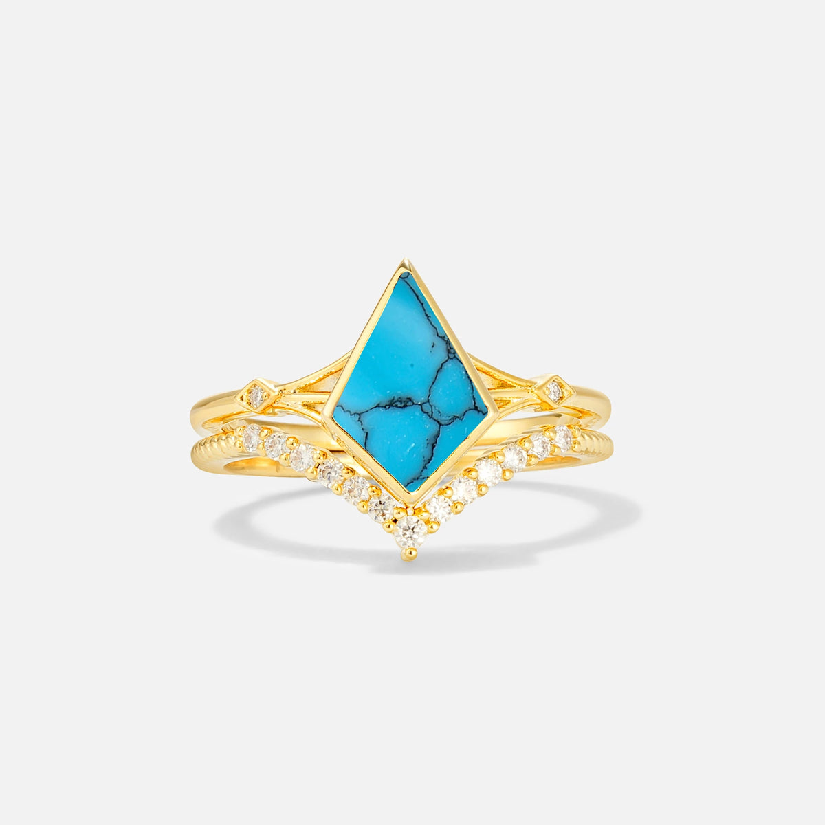Kite Cut Turquoise Chevron Bridal Ring Set - Yellow-Gold