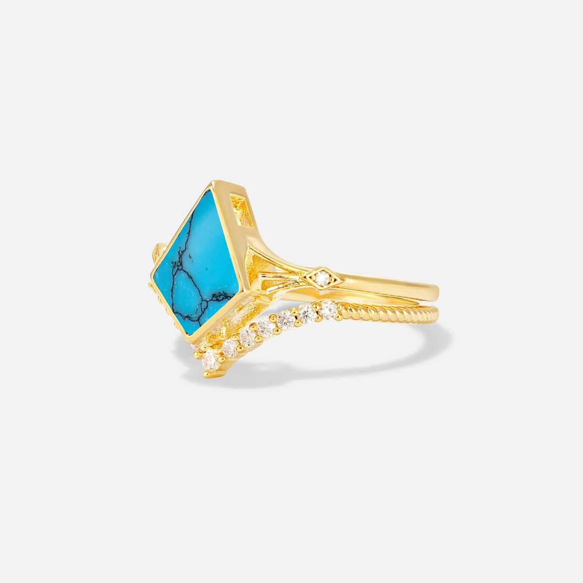 Kite Cut Turquoise Chevron Bridal Ring Set - Rose-Gold