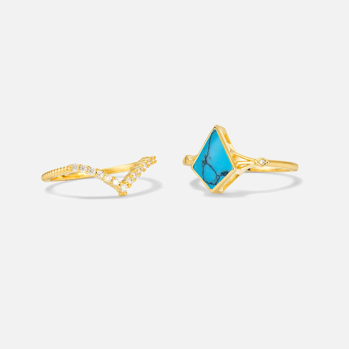 Kite Cut Turquoise Chevron Bridal Ring Set - White-Gold