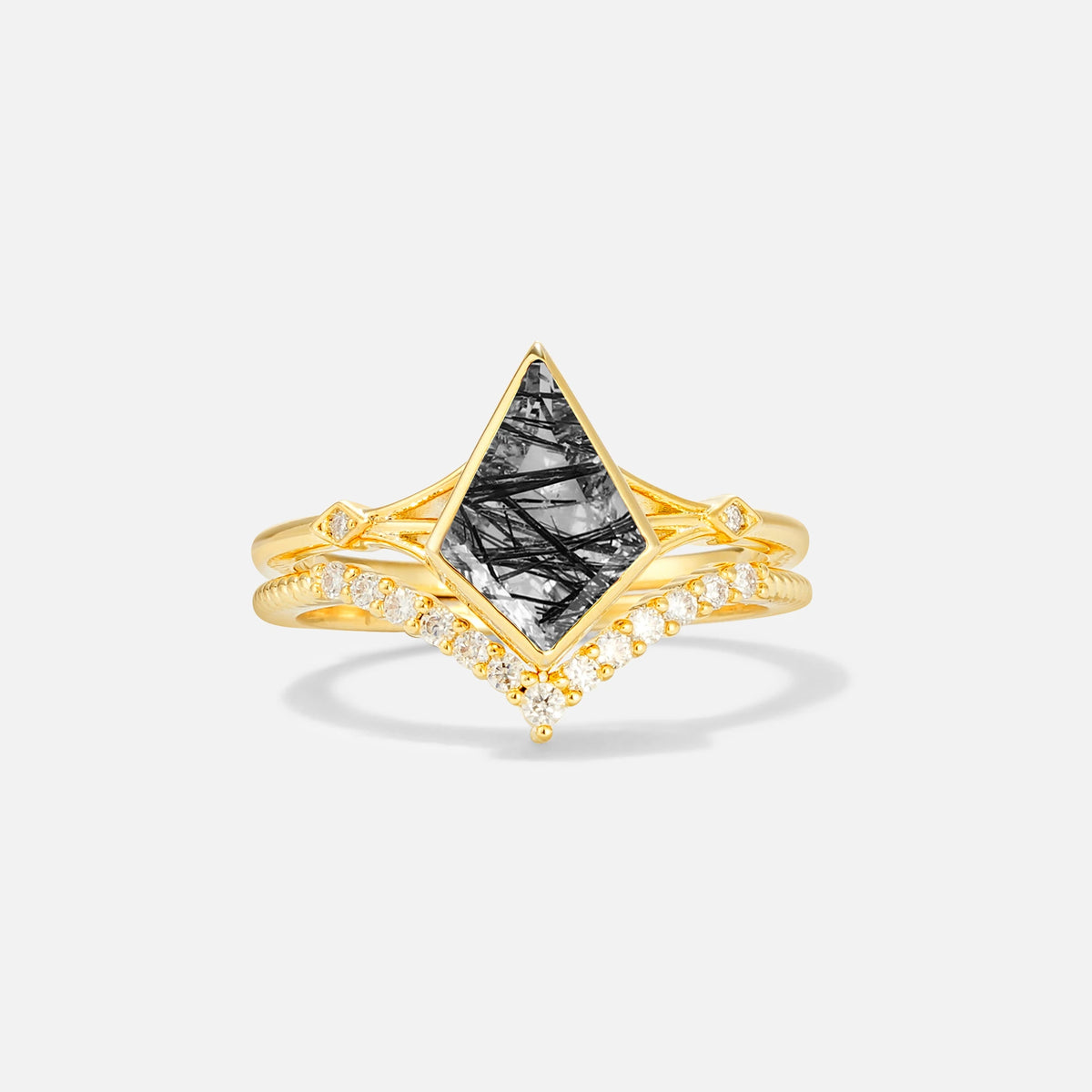 Kite Cut Black Rutilated Quartz Chevron Bridal Ring Set - Yellow-Gold