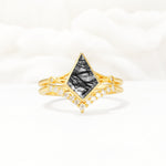 Kite Cut Black Rutilated Quartz Chevron Bridal Ring Set - Yellow-Gold