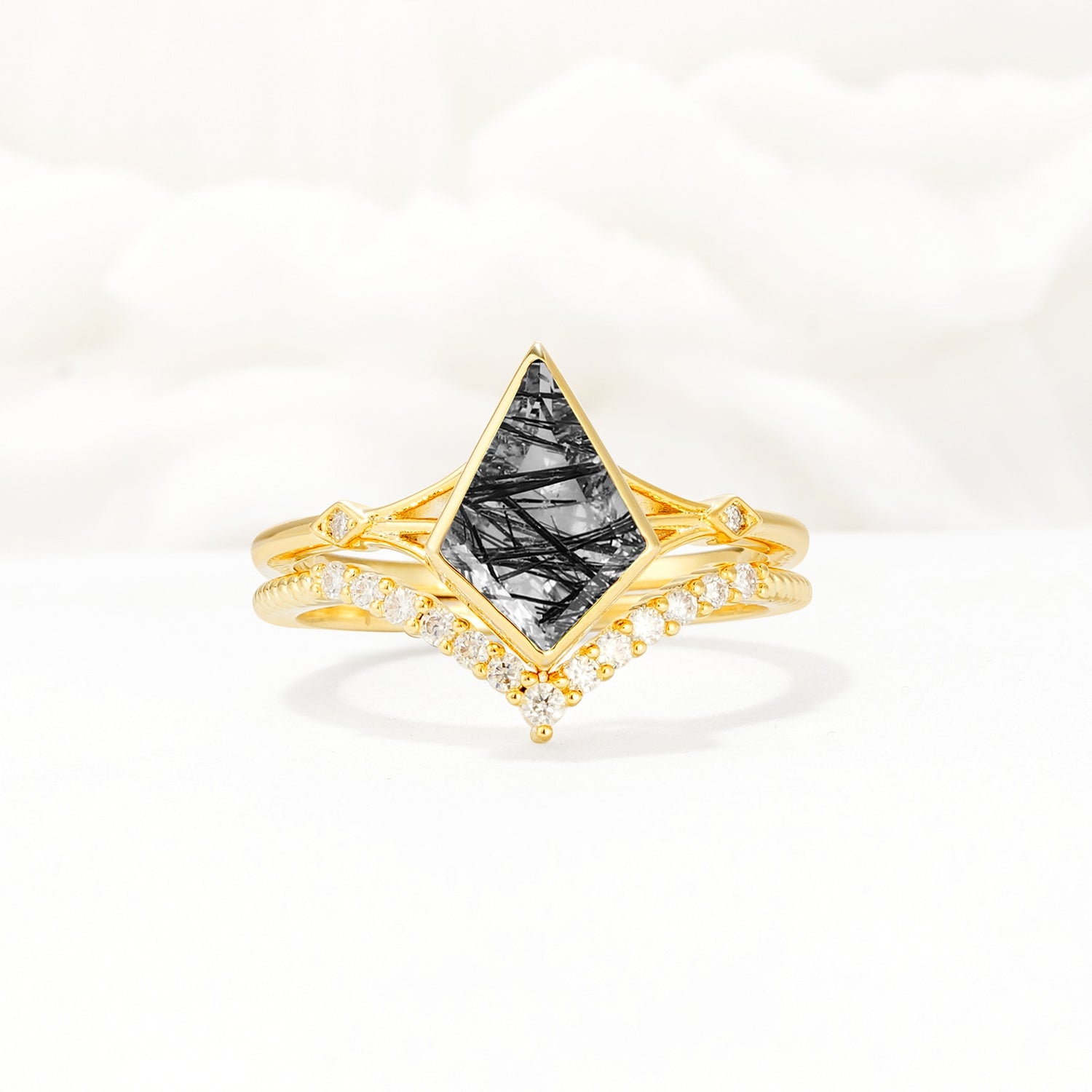 Kite Cut Black Rutilated Quartz Chevron Bridal Ring Set - Yellow-Gold