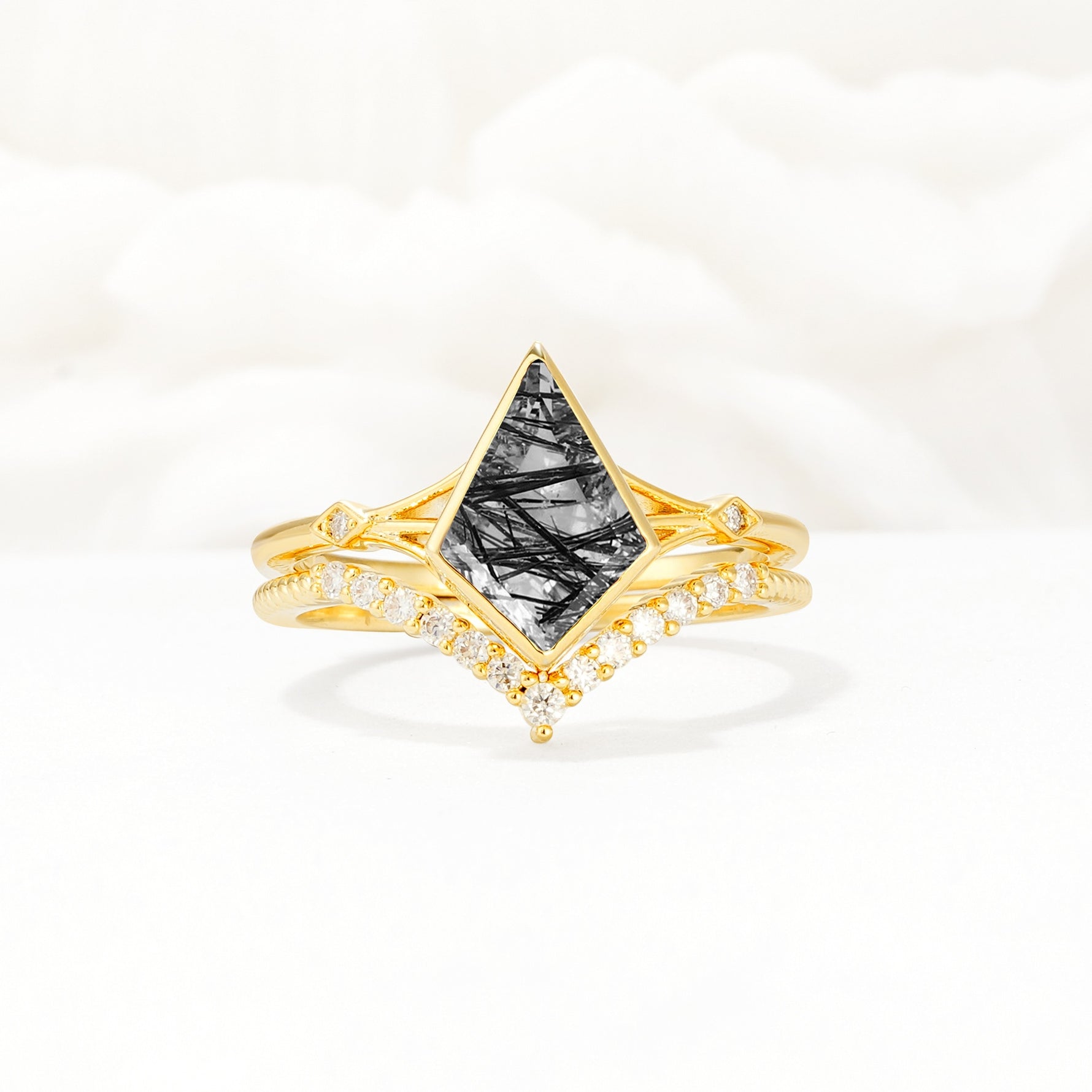 Kite Cut Black Rutilated Quartz Chevron Bridal Ring Set - Yellow-Gold