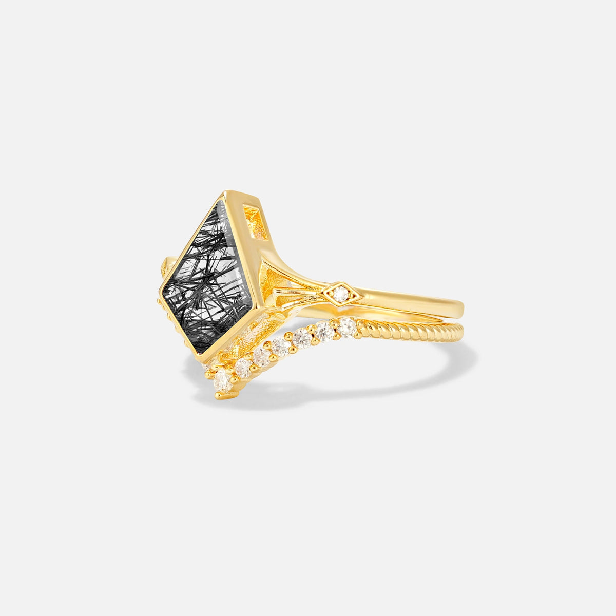 Kite Cut Black Rutilated Quartz Chevron Bridal Ring Set - Rose-Gold