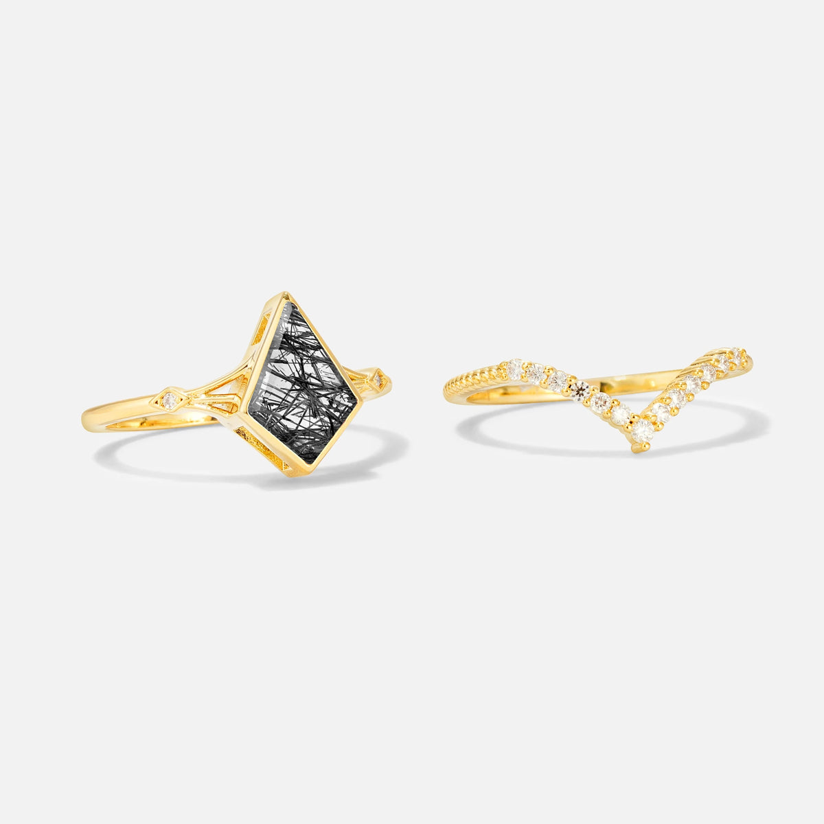Kite Cut Black Rutilated Quartz Chevron Bridal Ring Set - Additional view