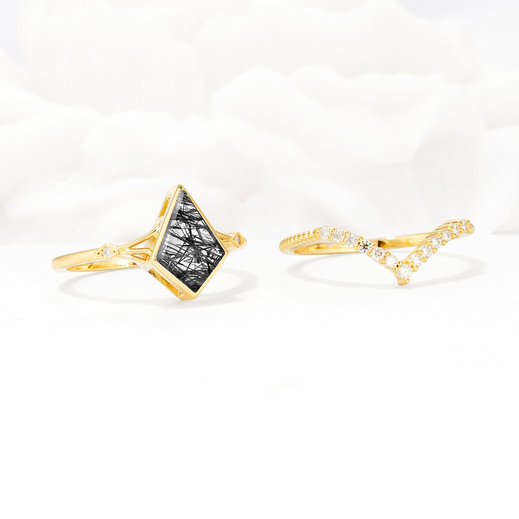 Kite Cut Black Rutilated Quartz Chevron Bridal Ring Set - Additional view