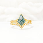 Kite Cut Moss Agate Chevron Bridal Ring Set - Yellow-Gold