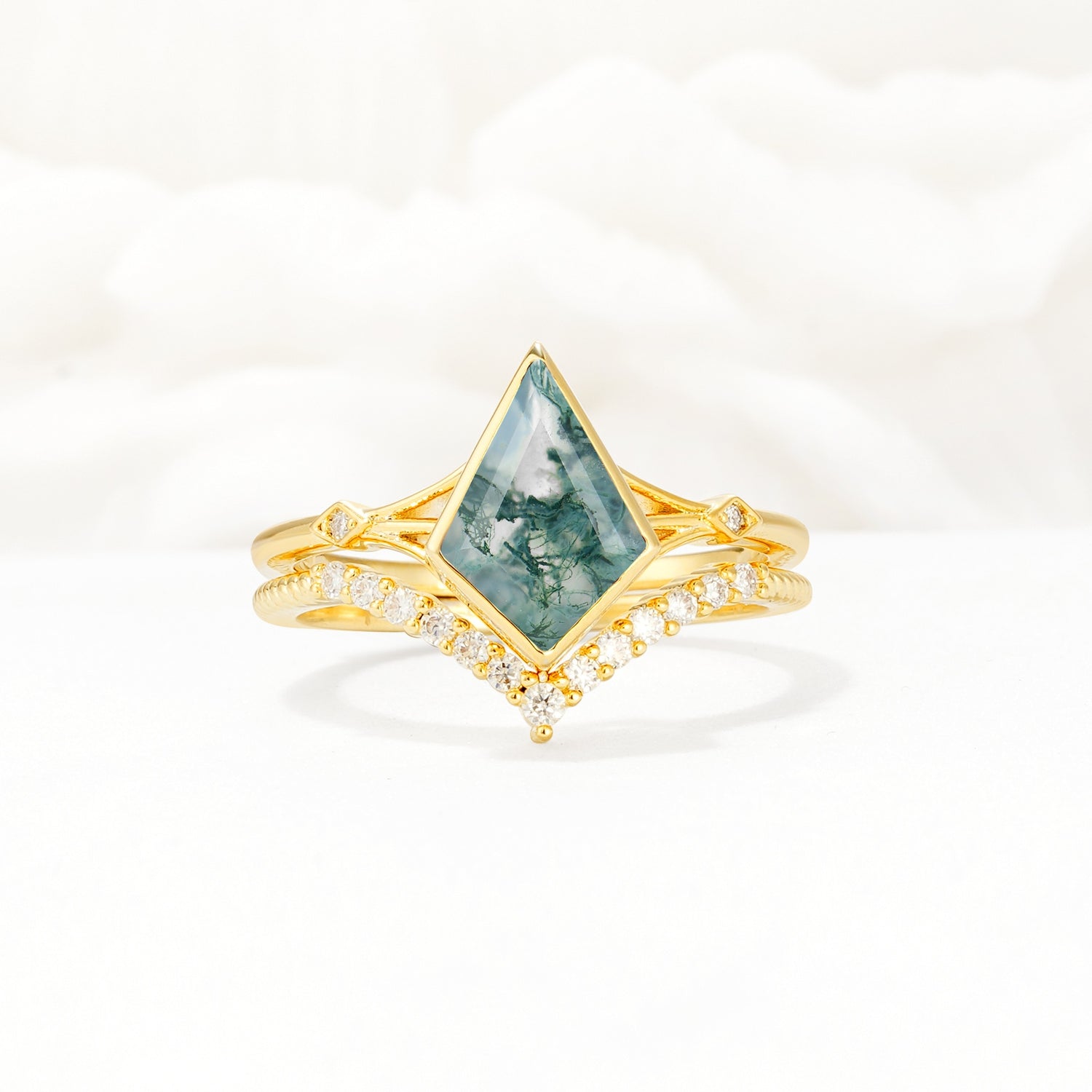 Kite Cut Moss Agate Chevron Bridal Ring Set - Yellow-Gold