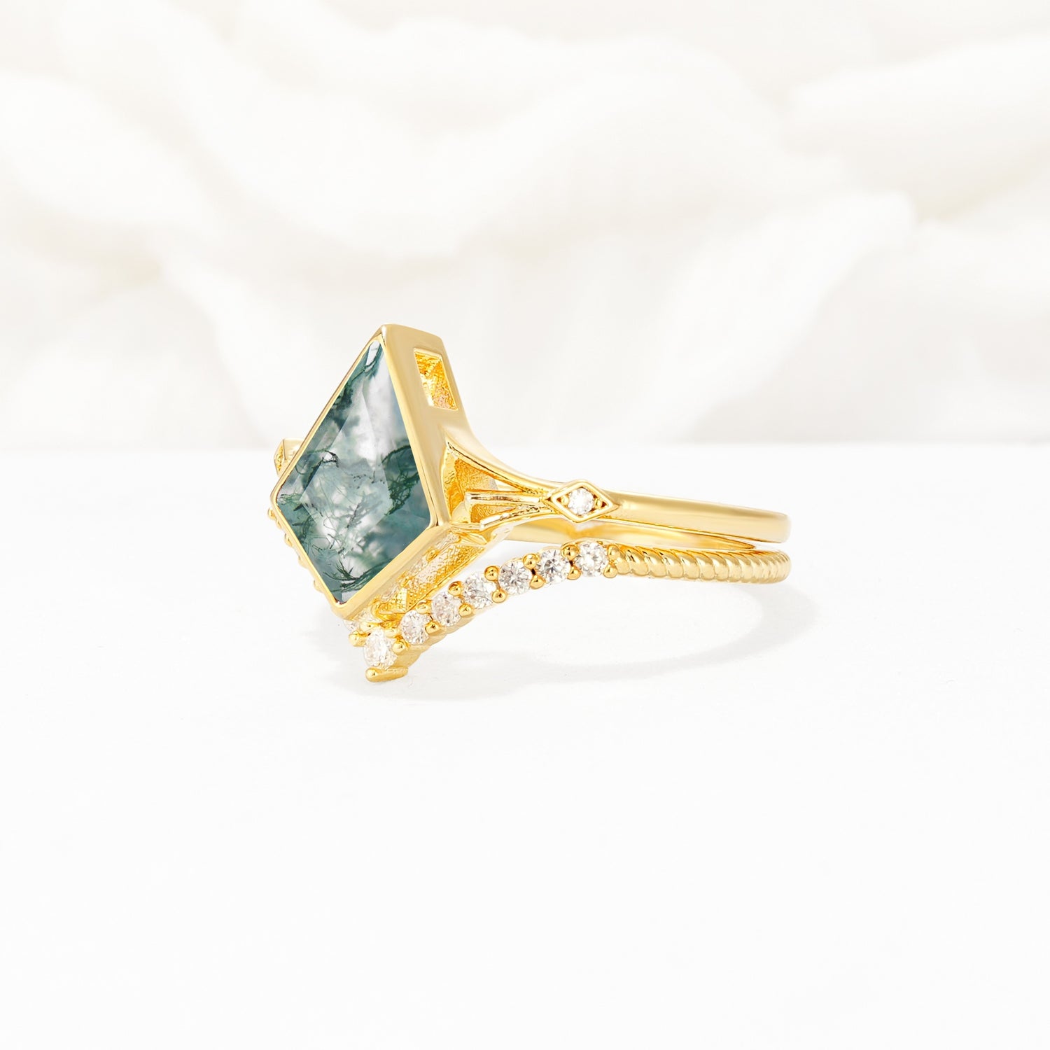 Kite Cut Moss Agate Chevron Bridal Ring Set - Rose-Gold