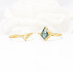 Kite Cut Moss Agate Chevron Bridal Ring Set - White-Gold