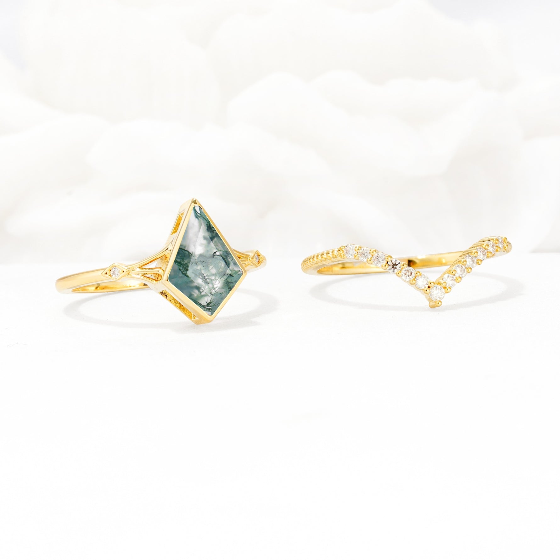 Kite Cut Moss Agate Chevron Bridal Ring Set - Additional view