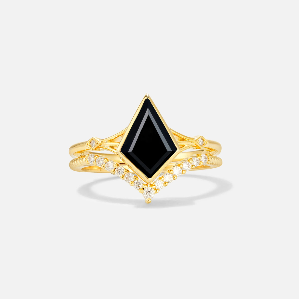 Kite Cut Black Onyx Chevron Bridal Ring Set - Yellow-Gold