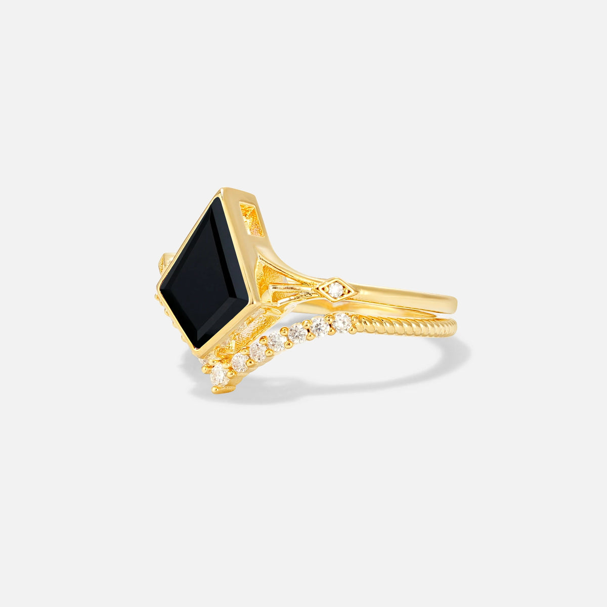 Kite Cut Black Onyx Chevron Bridal Ring Set - Rose-Gold