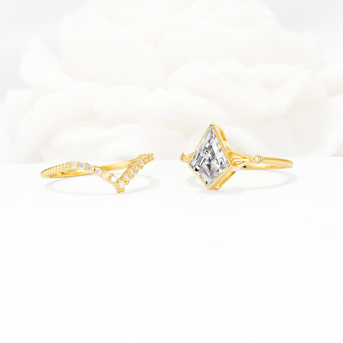 Kite Cut Lab Diamond Chevron Bridal Ring Set - White-Gold
