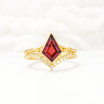 Kite Cut Garnet Chevron Bridal Ring Set - Yellow-Gold