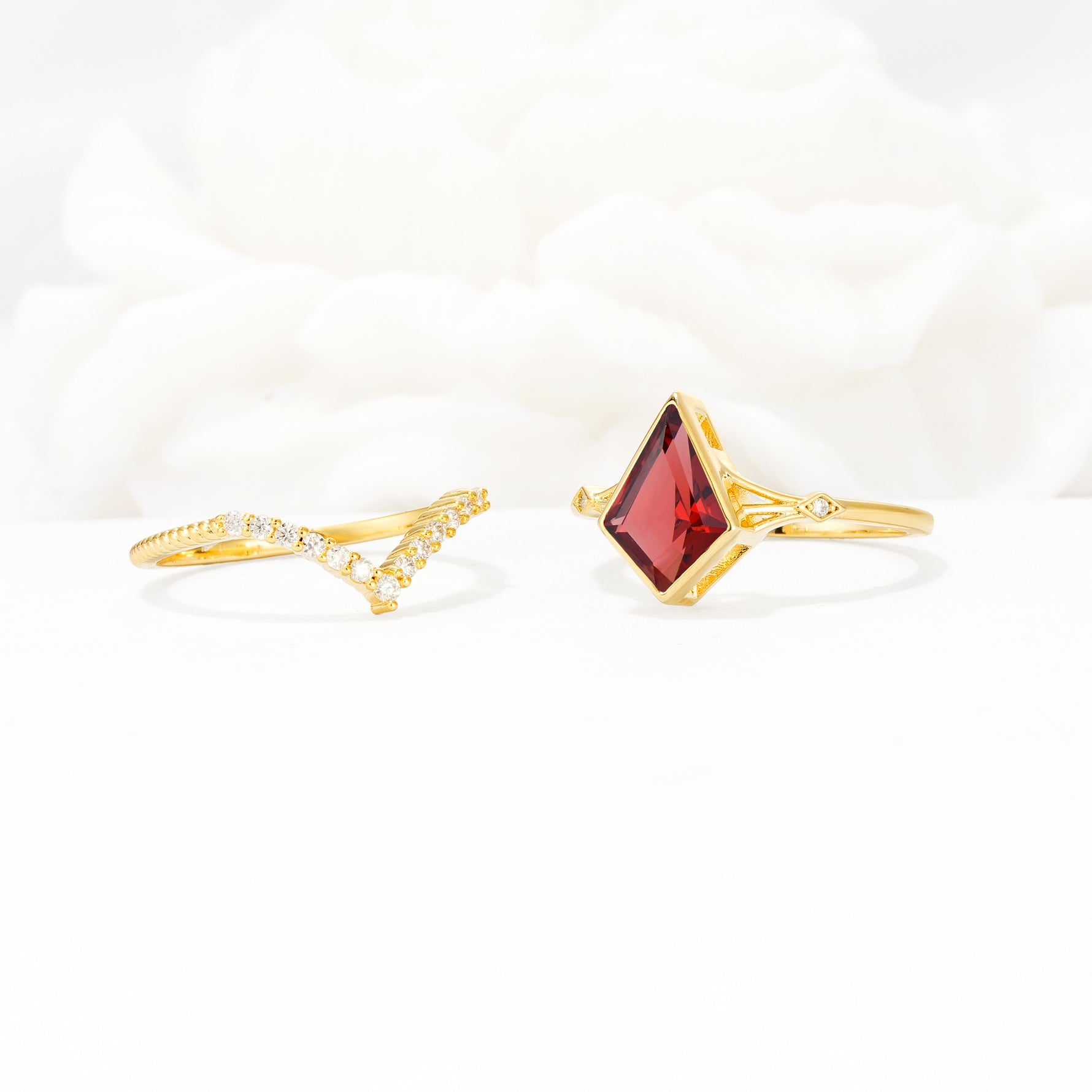 Kite Cut Garnet Chevron Bridal Ring Set - White-Gold