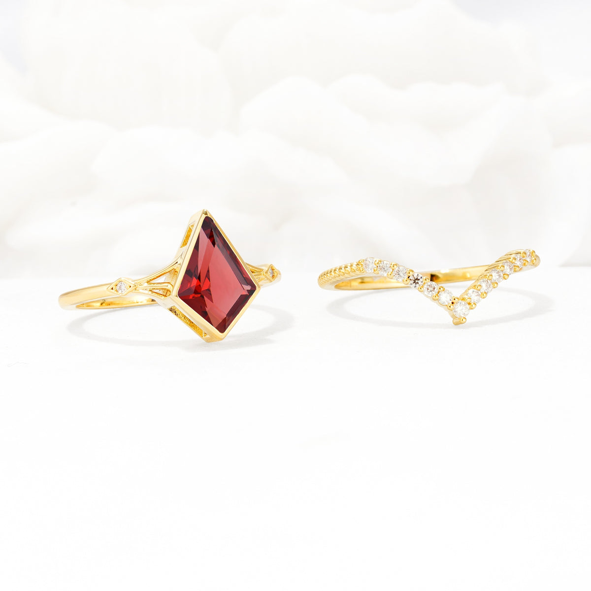 Kite Cut Garnet Chevron Bridal Ring Set - Additional view
