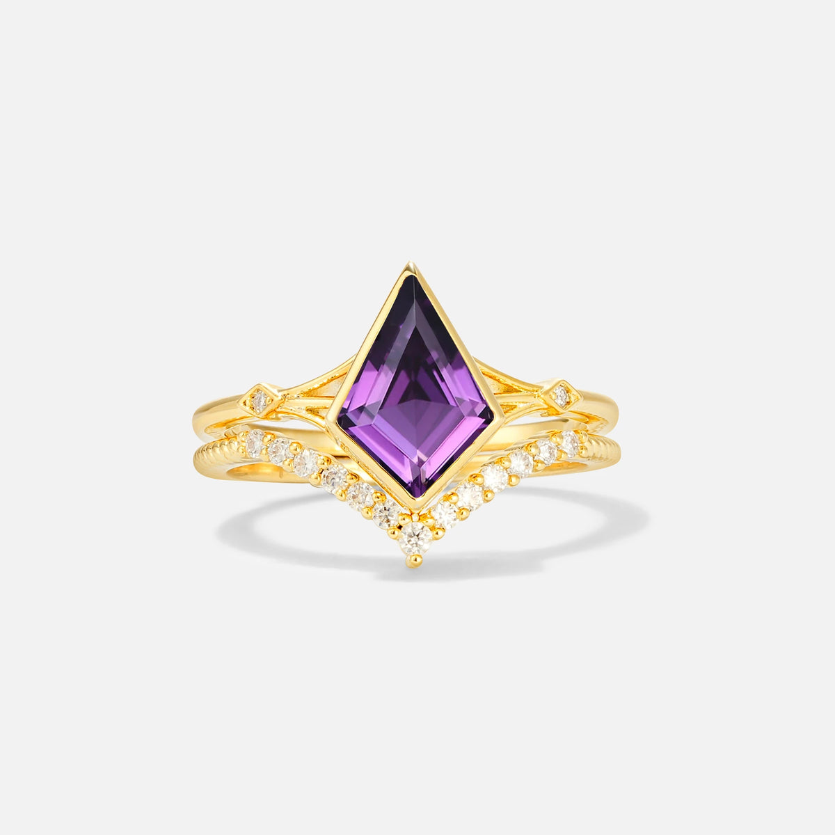 Kite Cut Amethyst Chevron Bridal Ring Set - Yellow-Gold