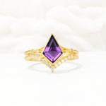 Kite Cut Amethyst Chevron Bridal Ring Set - Yellow-Gold