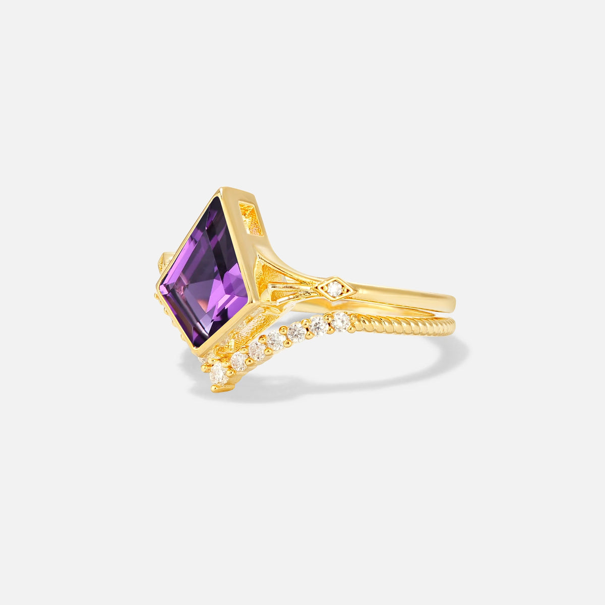 Kite Cut Amethyst Chevron Bridal Ring Set - Rose-Gold