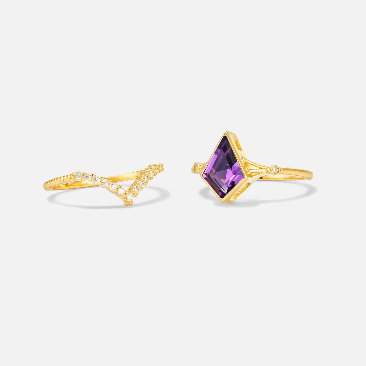 Kite Cut Amethyst Chevron Bridal Ring Set - White-Gold
