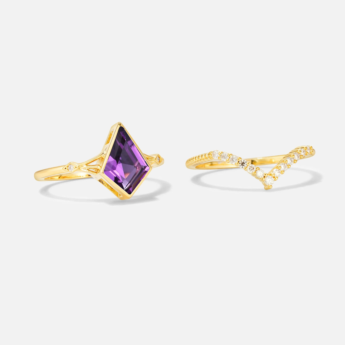 Kite Cut Amethyst Chevron Bridal Ring Set - Additional view