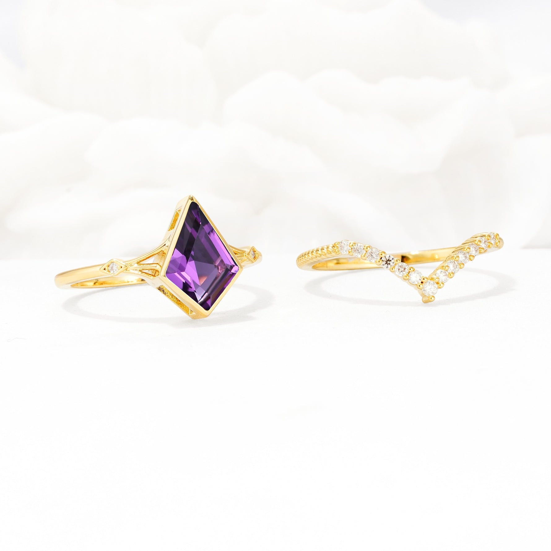 Kite Cut Amethyst Chevron Bridal Ring Set - Additional view
