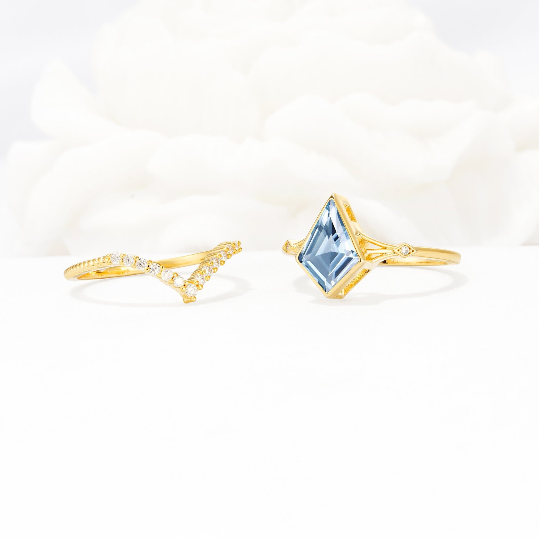 Kite Cut Aquamarine Chevron Bridal Ring Set - White-Gold