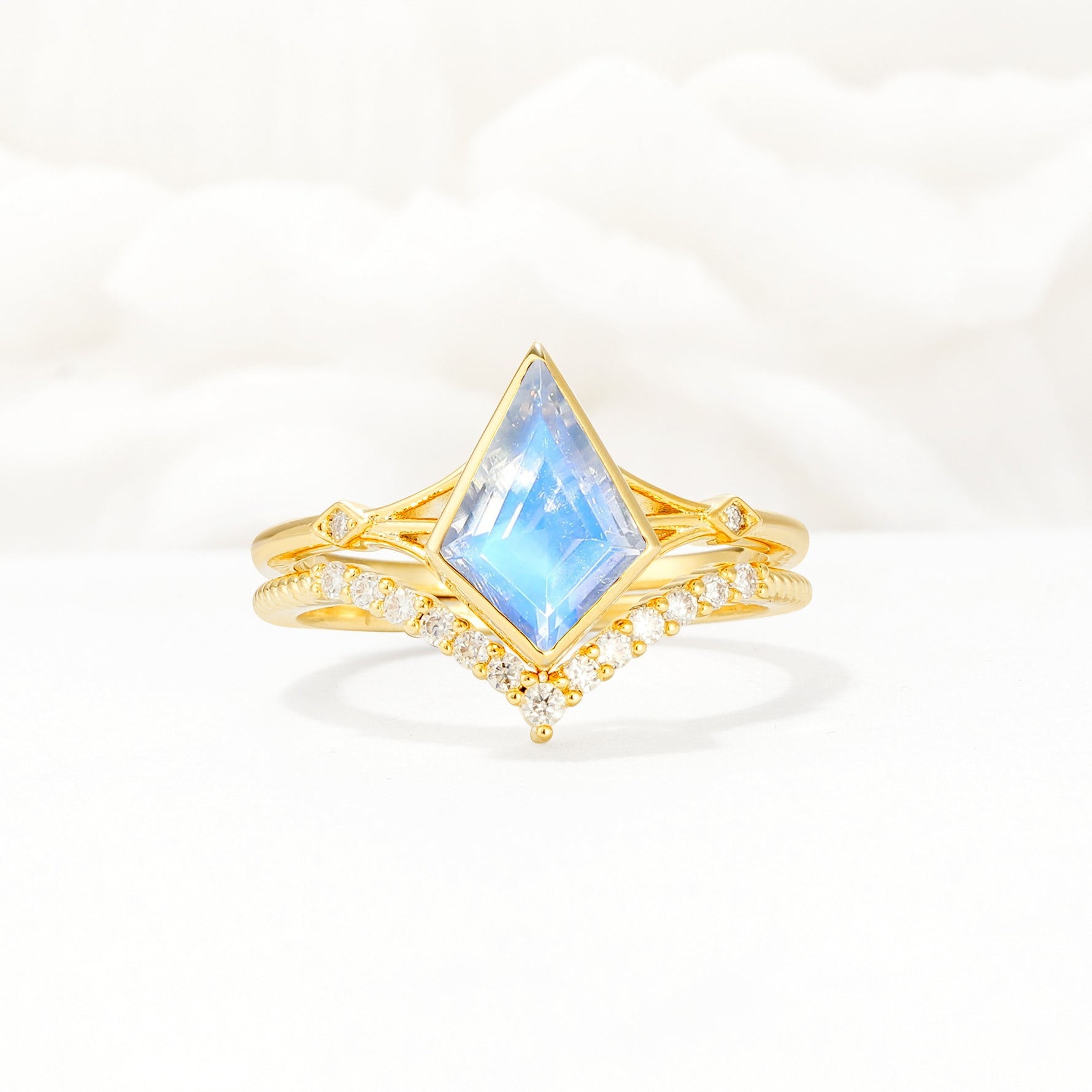 Kite Cut Moonstone Chevron Bridal Ring Set - Yellow-Gold