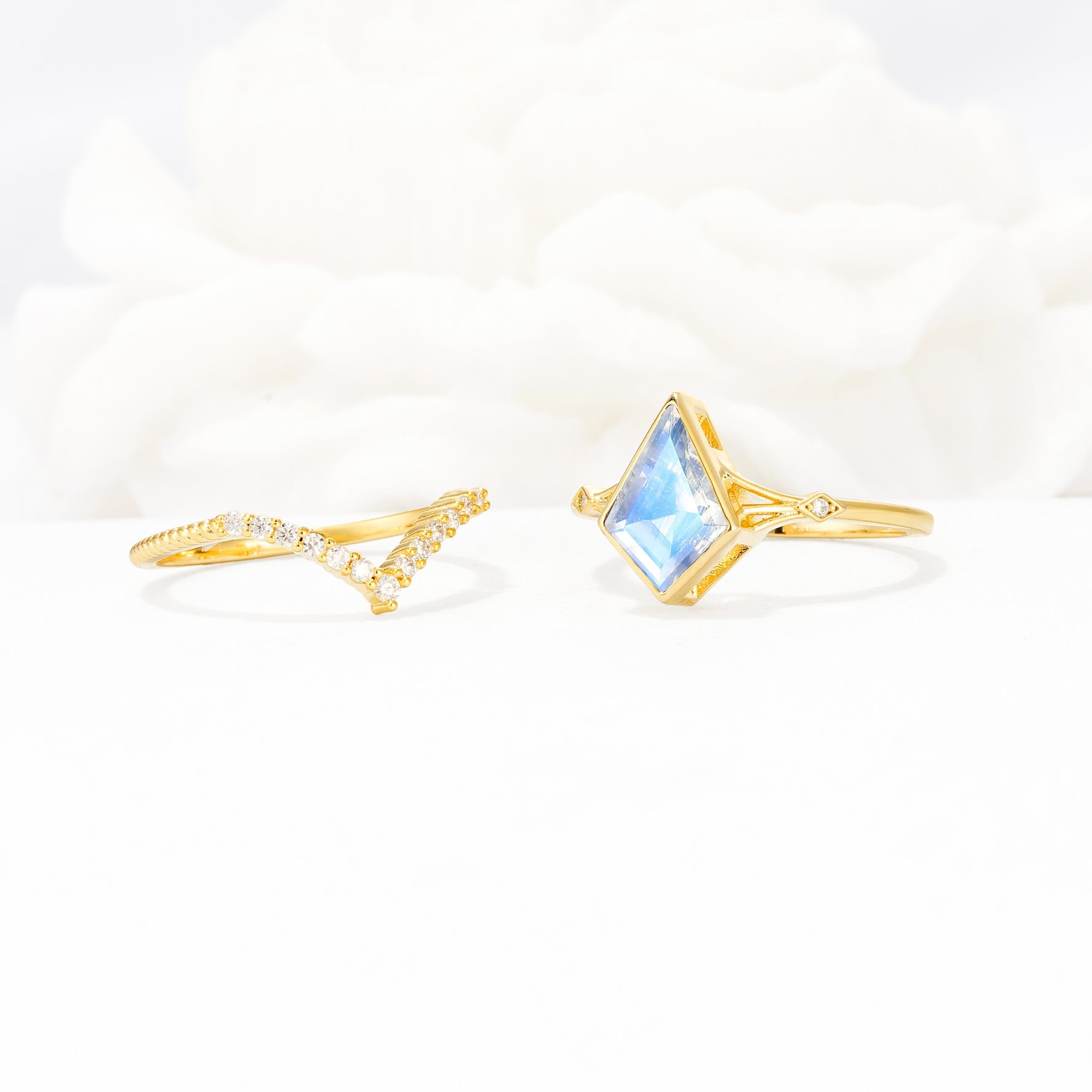 Kite Cut Moonstone Chevron Bridal Ring Set - White-Gold