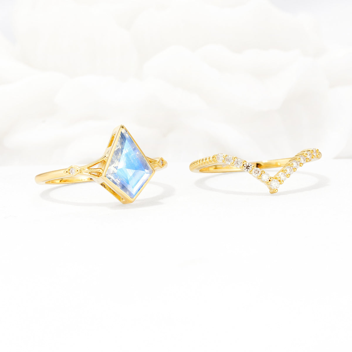 Kite Cut Moonstone Chevron Bridal Ring Set - Additional view