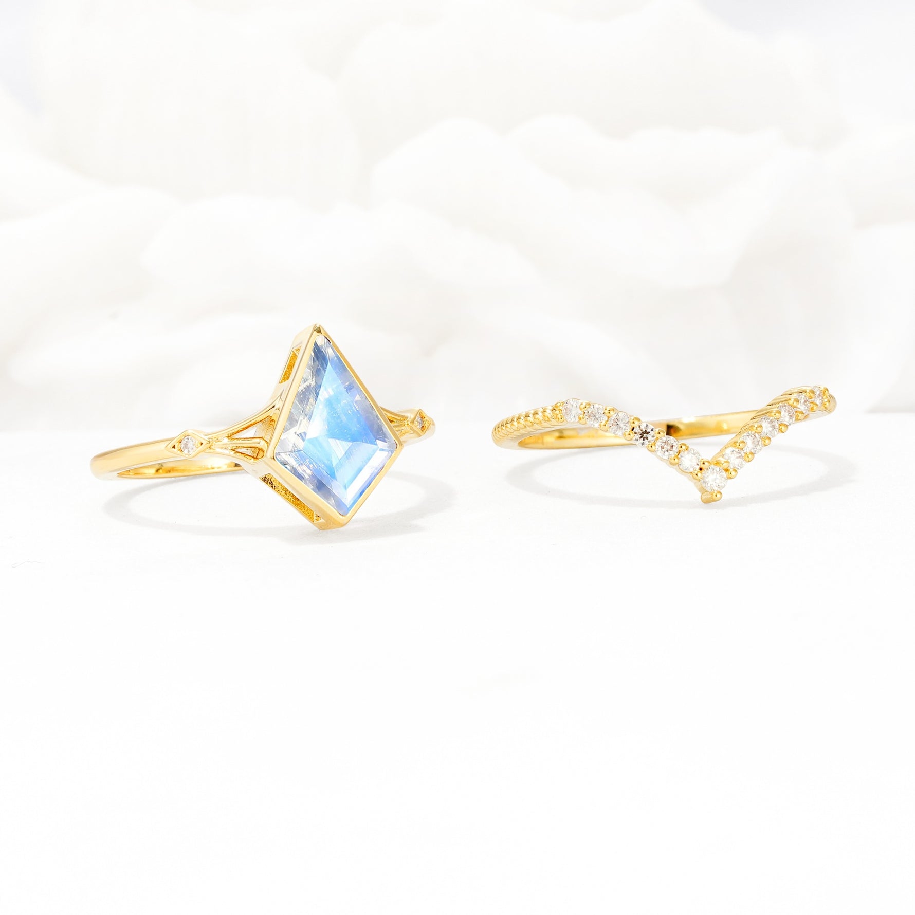 Kite Cut Moonstone Chevron Bridal Ring Set - Additional view