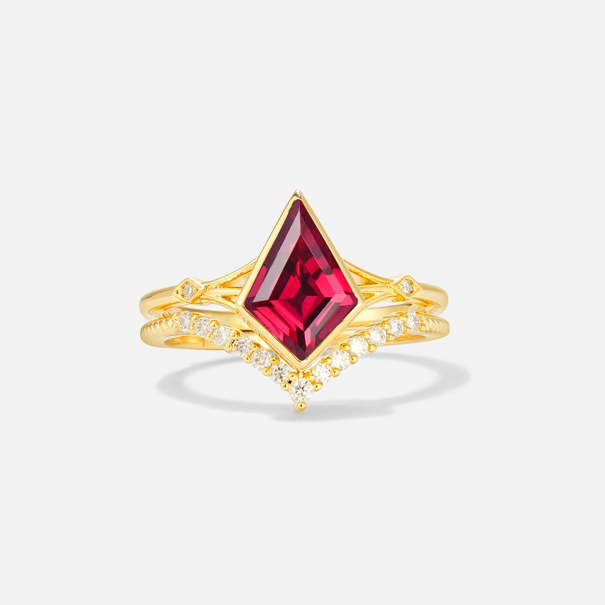 Kite Cut Ruby Chevron Bridal Ring Set - Yellow-Gold