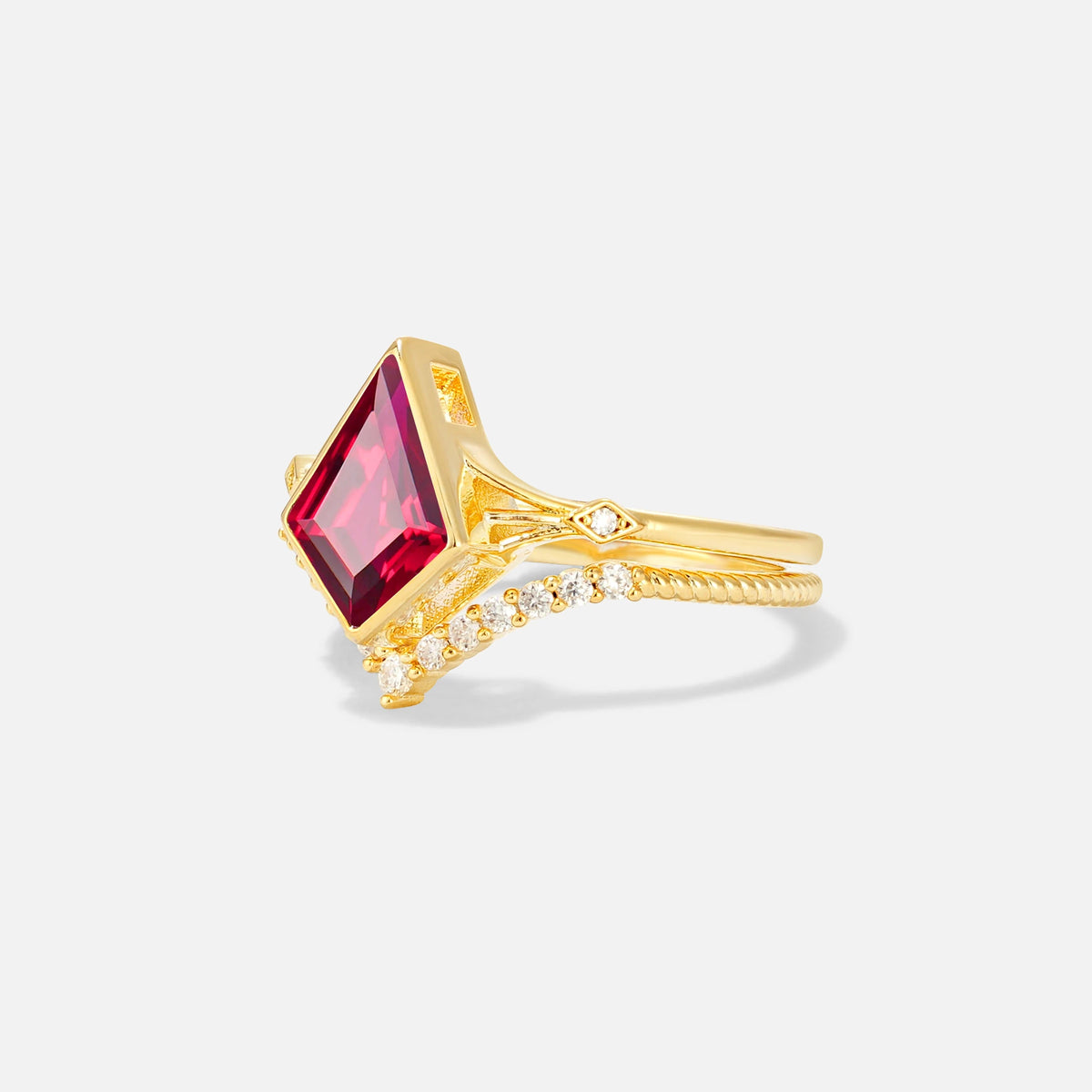 Kite Cut Ruby Chevron Bridal Ring Set - Rose-Gold