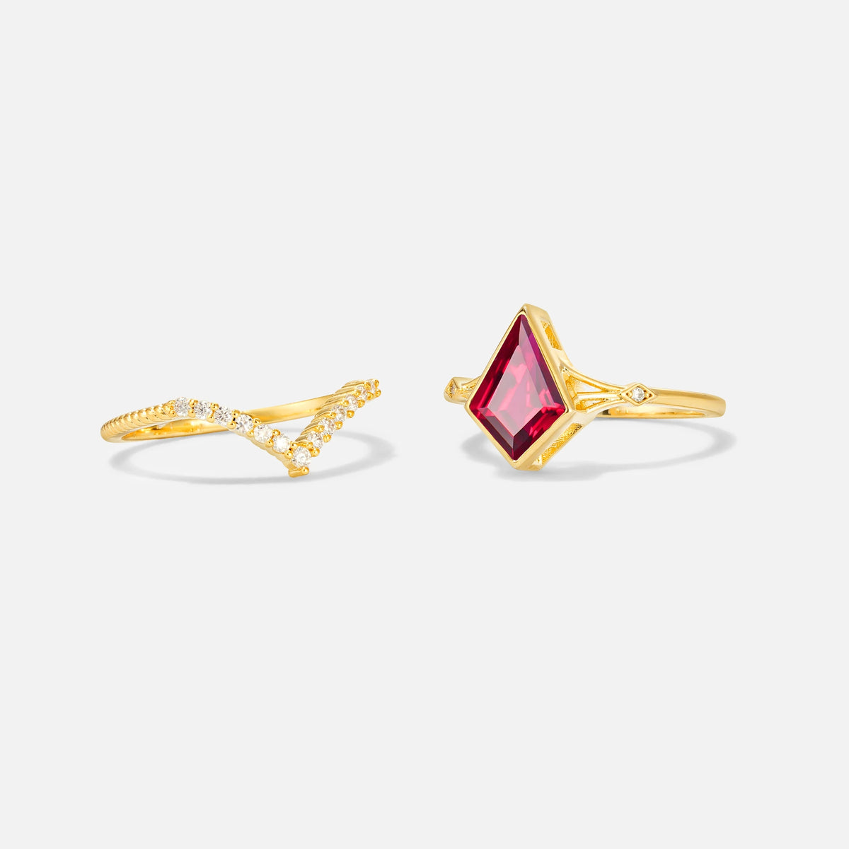 Kite Cut Ruby Chevron Bridal Ring Set - White-Gold
