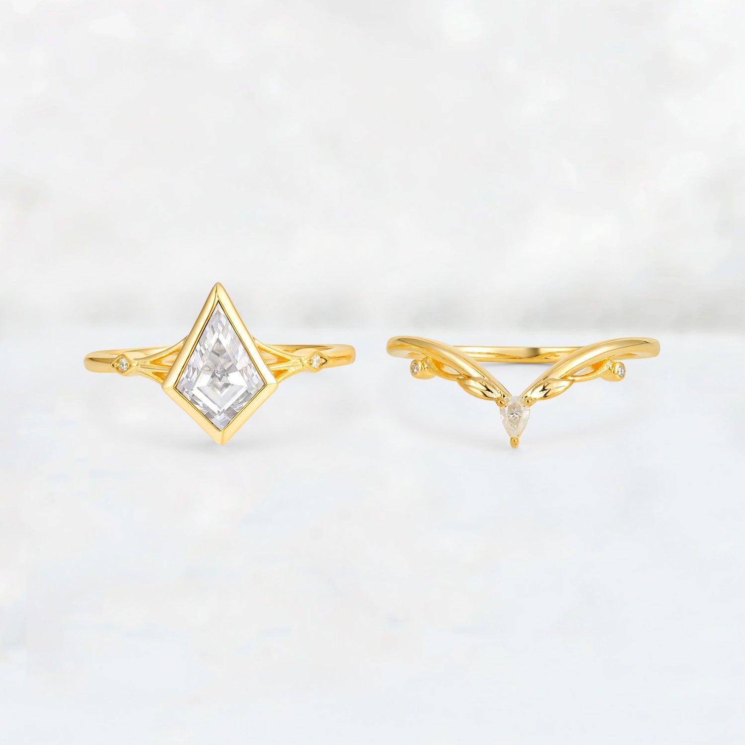 Kite Cut Moissanite Nature-Inspired Bridal Ring Set - Rose-Gold