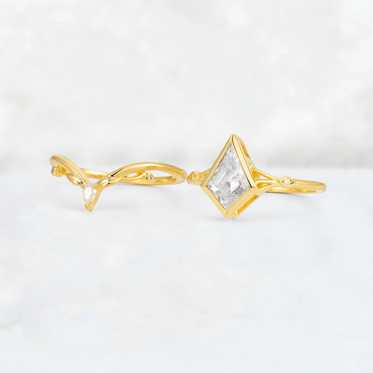 Kite Cut Moissanite Nature-Inspired Bridal Ring Set - White-Gold