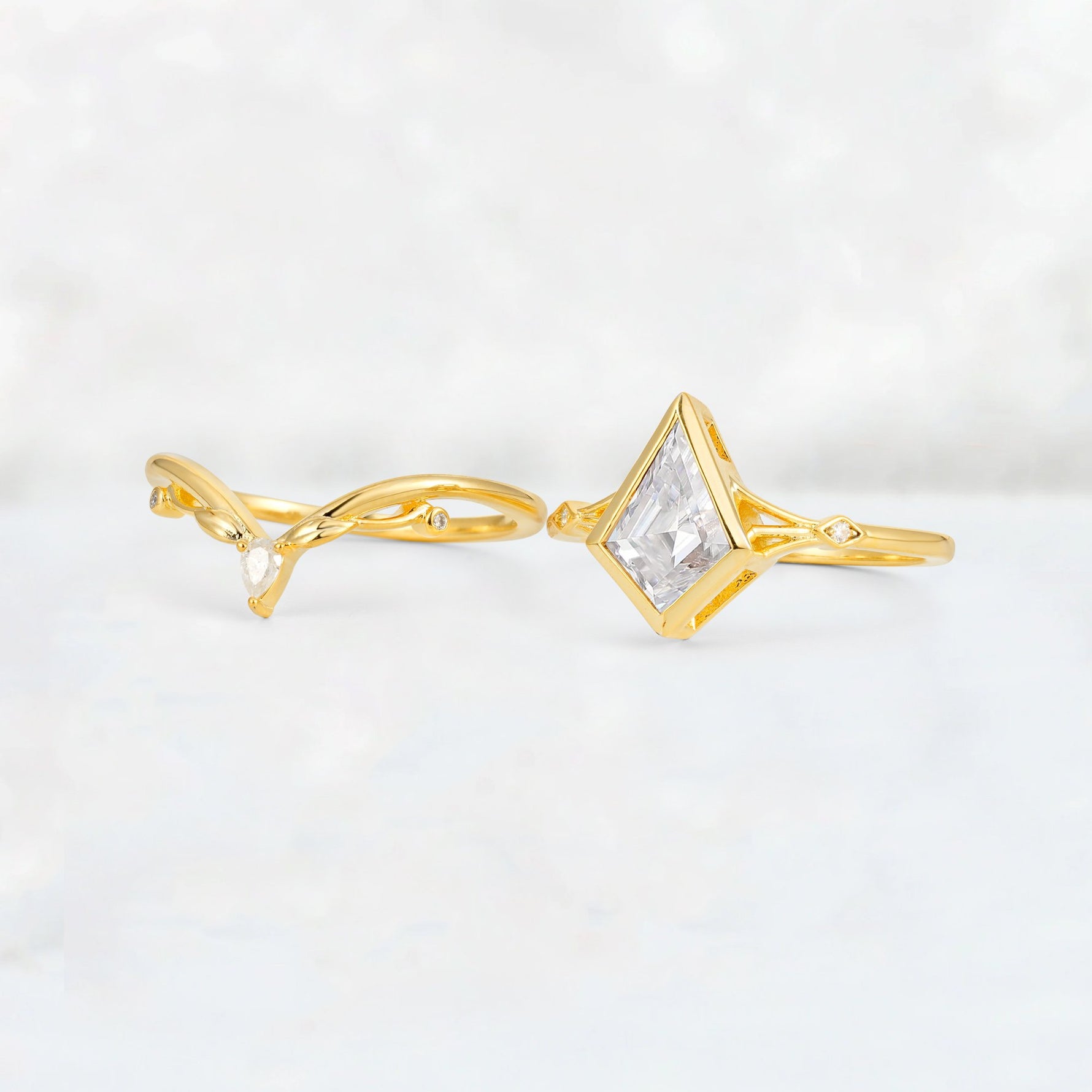 Kite Cut Moissanite Nature-Inspired Bridal Ring Set - White-Gold