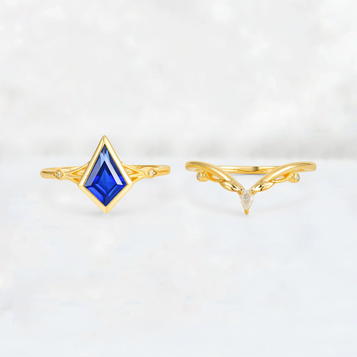 Kite Cut Sapphire Nature-Inspired Bridal Ring Set - Rose-Gold