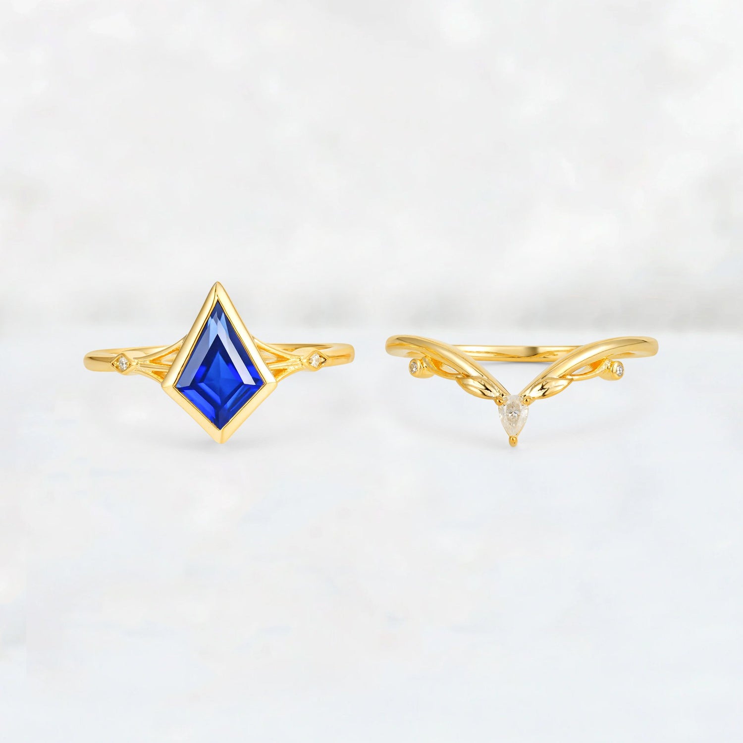 Kite Cut Sapphire Nature-Inspired Bridal Ring Set - Rose-Gold